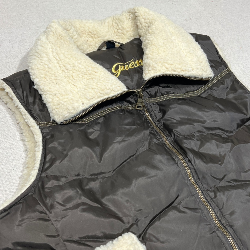 Guess Down Western Puffer Vest Sherpa Trim Chocolate Brown Women's XL